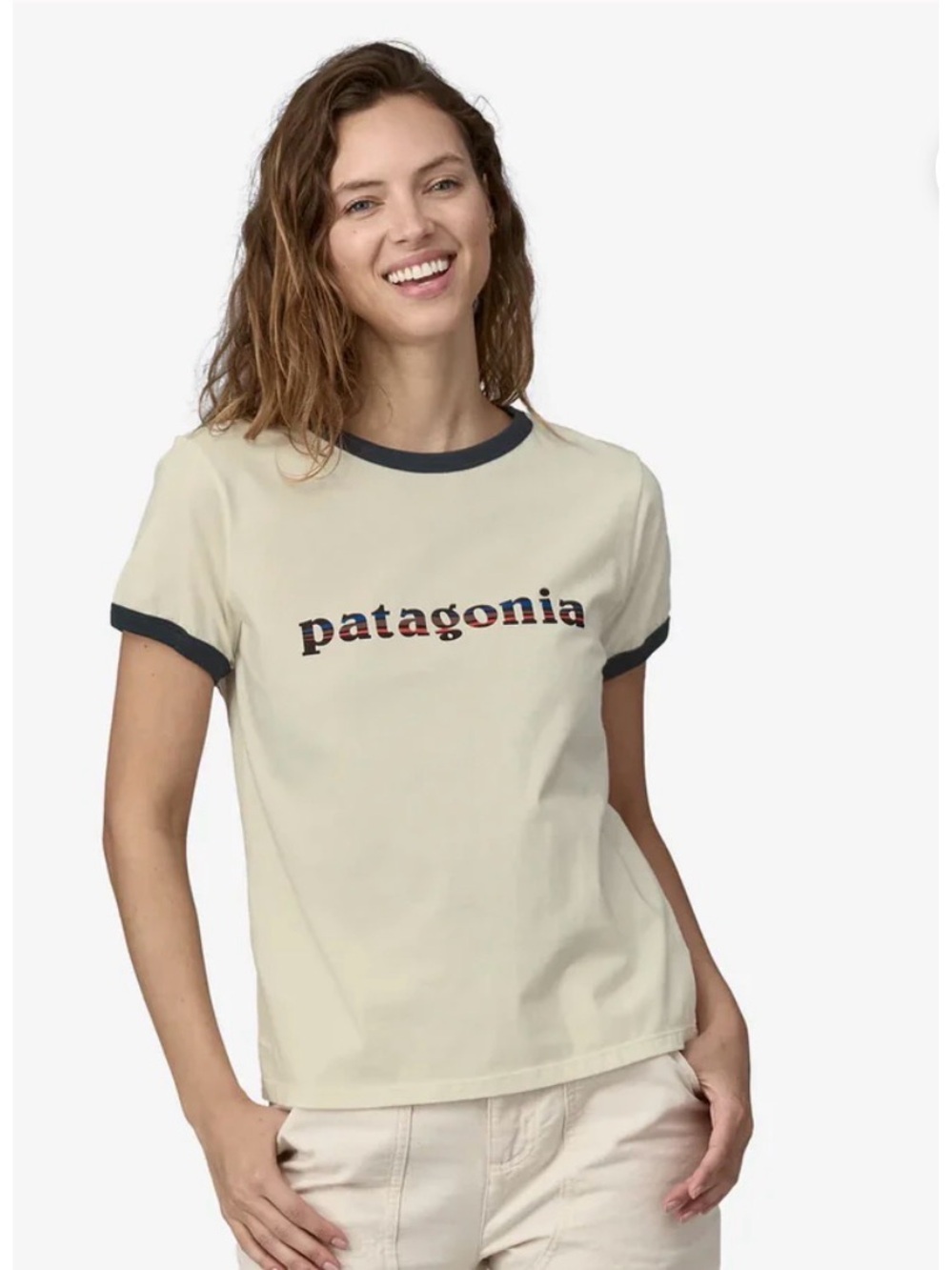 NWT Patagonia ‘73 Text Logo Organic Ringer Tee | Birch White | Small